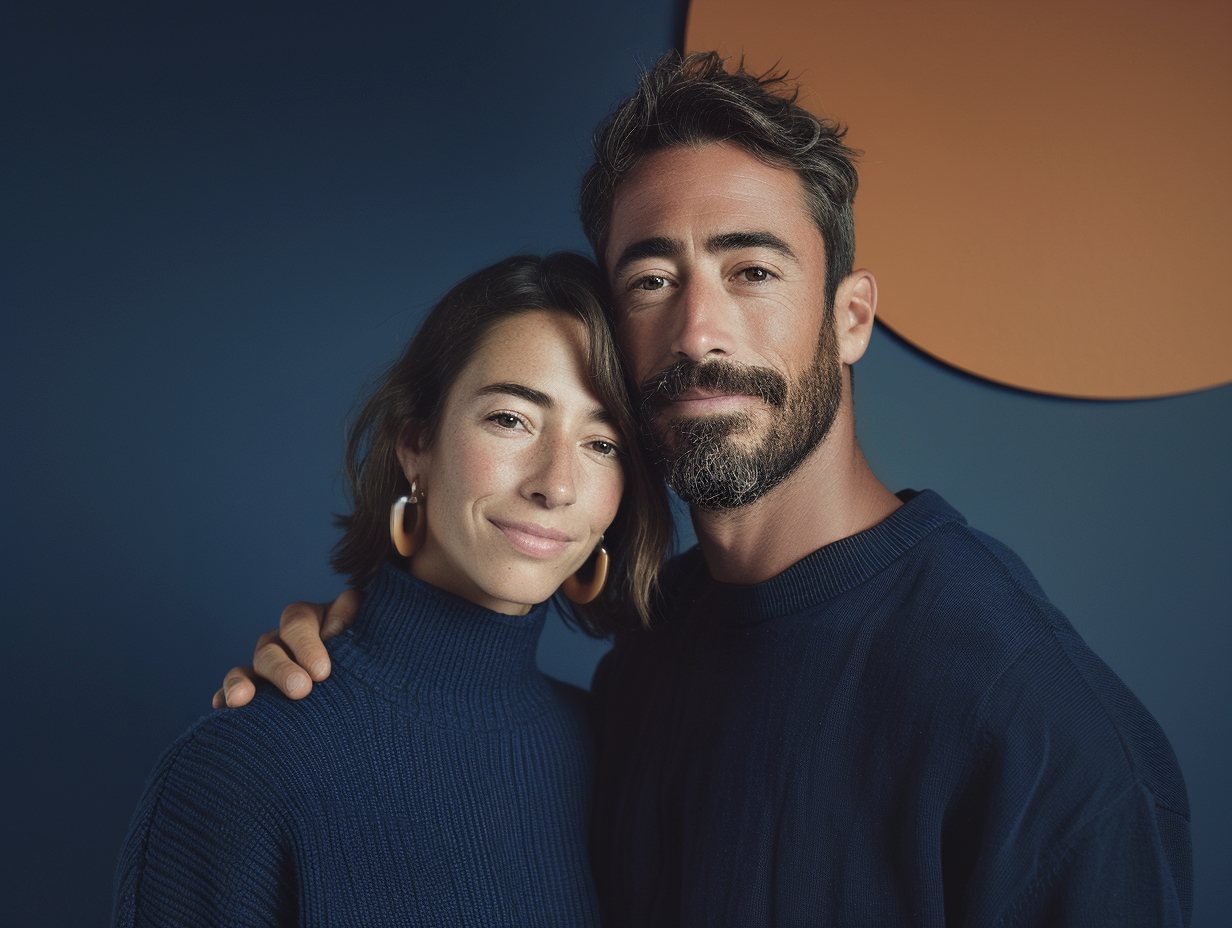Pareja abrazada sobre fondo azul con un círculo cobre, imagen de campaña