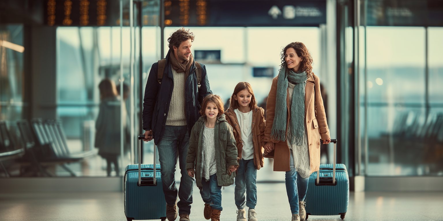 Familia con maletas cruzando la terminal de un aeropuerto