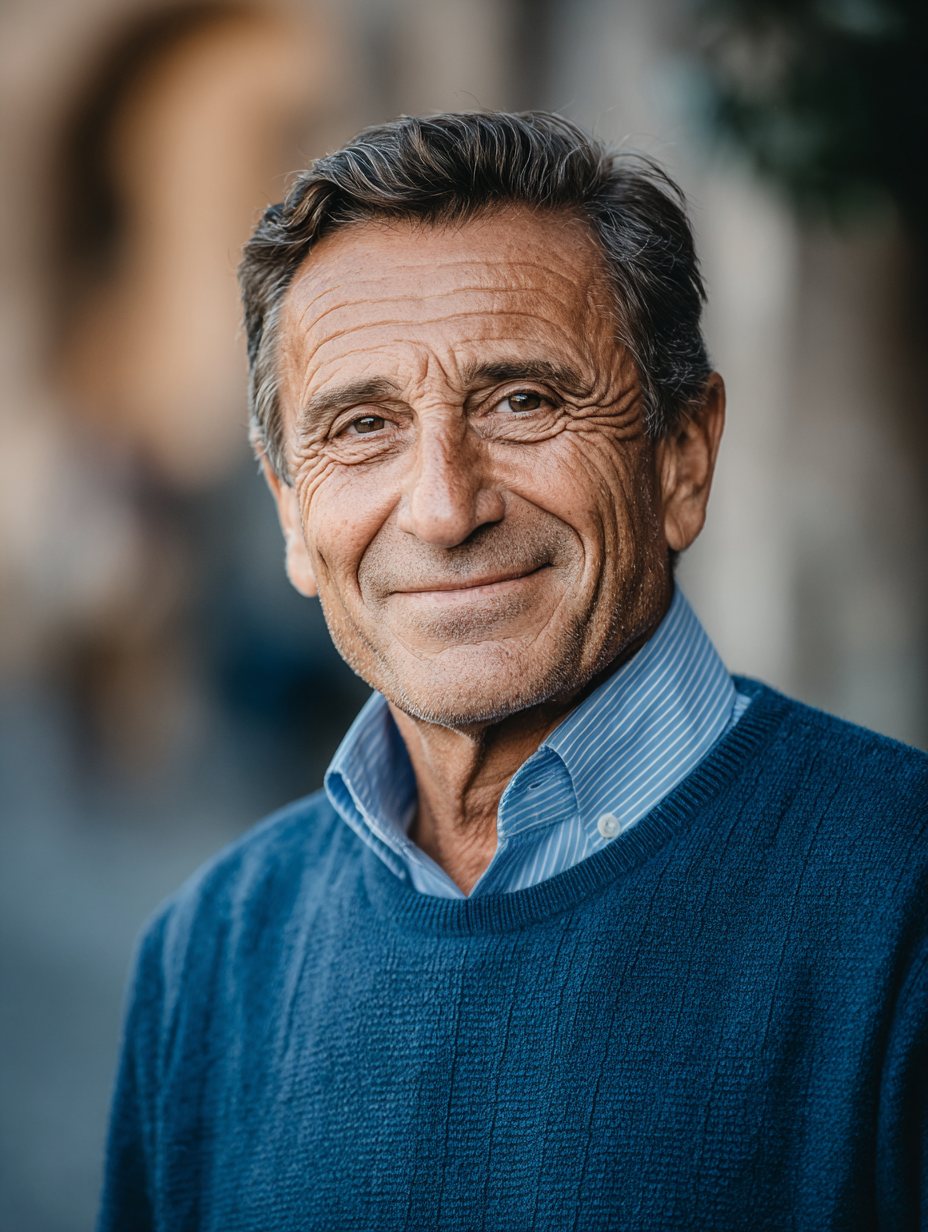 Retrato de un hombre de unos setenta años con jersey azul